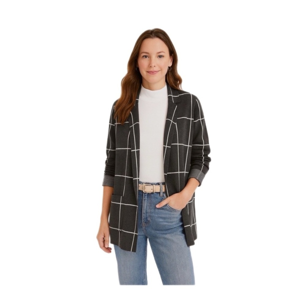 LOFT Windowpane Open Front Knit Blazer Navy Cardigan Women's M 100% Cotton